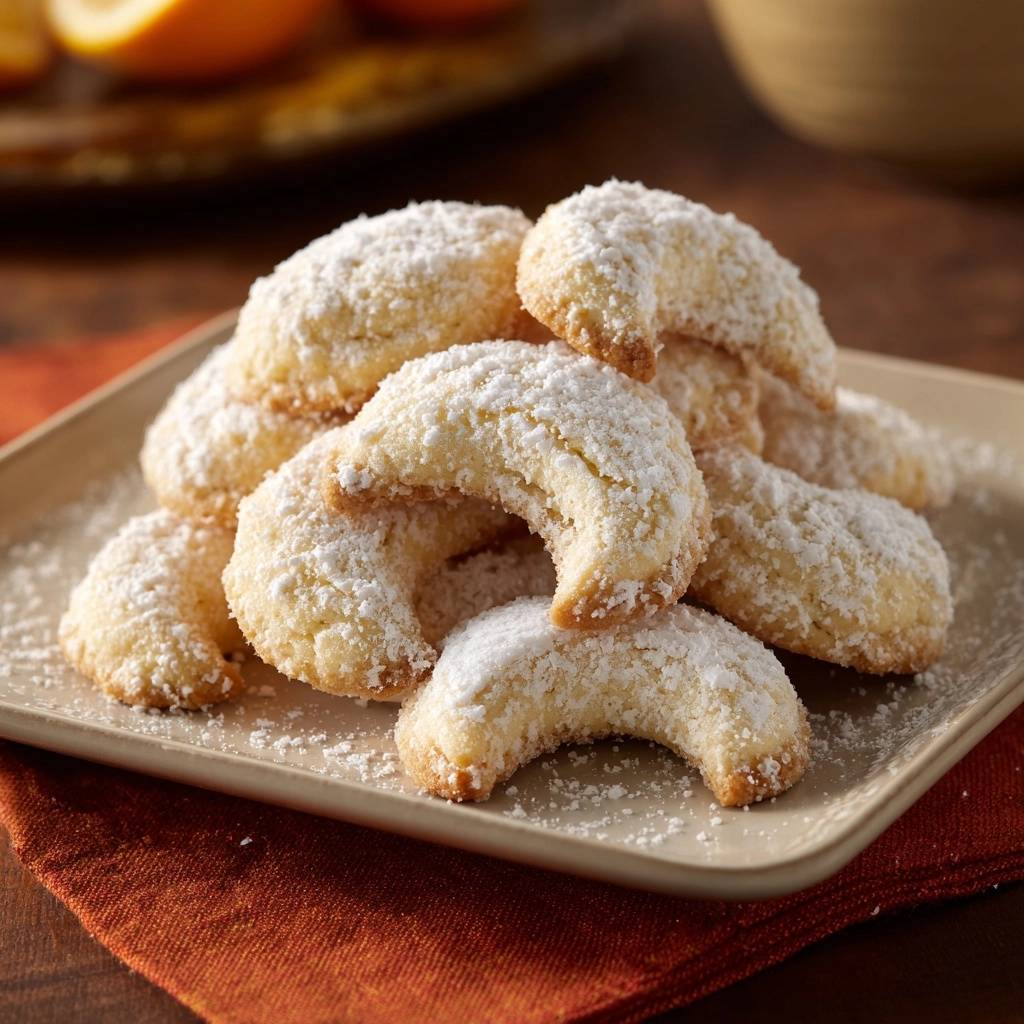 Orangenkipferl mit Puderzucker bedeckt, eine Nahaufnahme der halbmondförmigen Kekse auf einem hellen Teller.