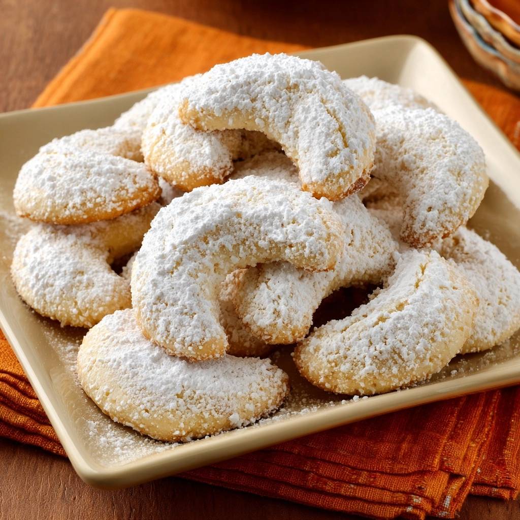 Orangenkipferl mit Puderzucker bestäubt, die auf einem Teller gestapelt sind, mit einem Fokus auf die Textur der Kekse.