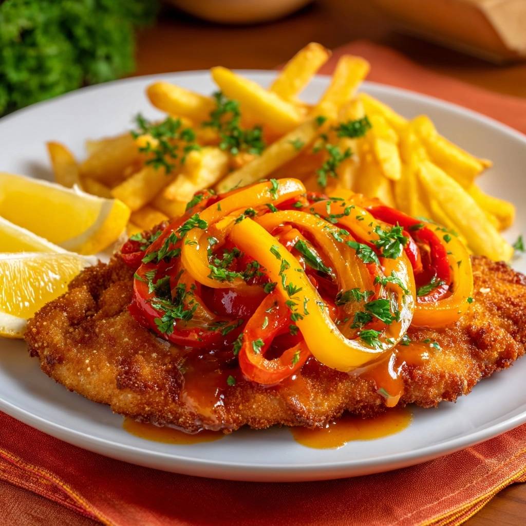 Klassisches Paprikaschnitzel mit Pommes, garniert mit Paprikastreifen und gehackter Petersilie, auf einem Teller serviert.