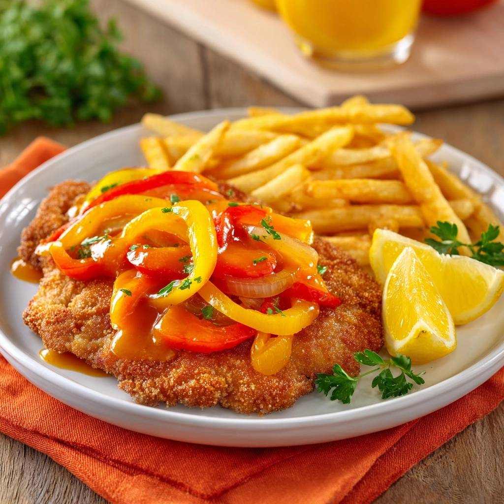 Klassisches Paprikaschnitzel mit Pommes serviert auf einem Teller mit Zitronenspalten und Petersilie.