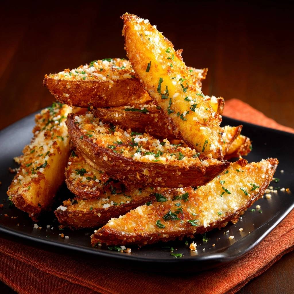 Knusprige Parmesan-Kartoffelwedges, nahaufnahme von den goldbraunen Wedges, garniert mit Petersilie und geriebenem Käse.