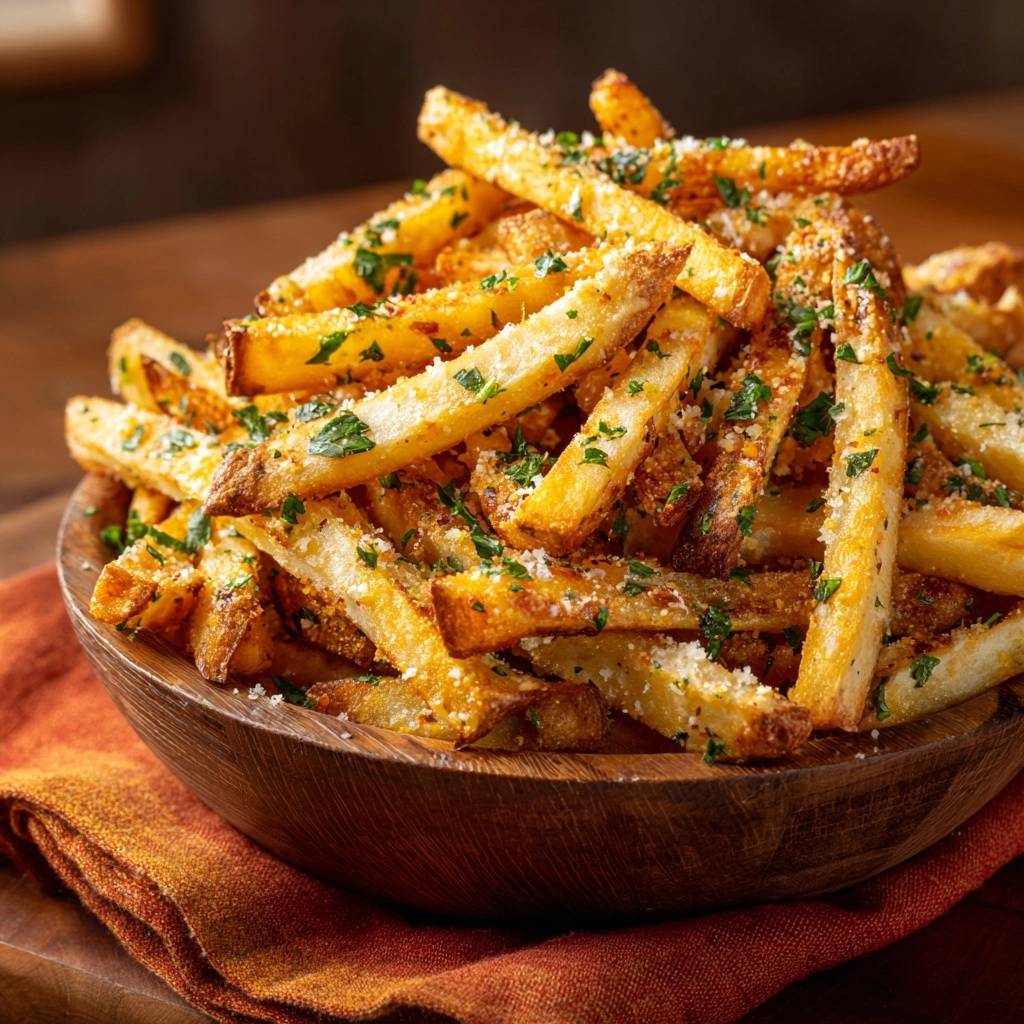 Knusprige Parmesan-Petersilie-Pommes mit frischer Petersilie und geriebenem Parmesan, nahaufnahme der Garnitur