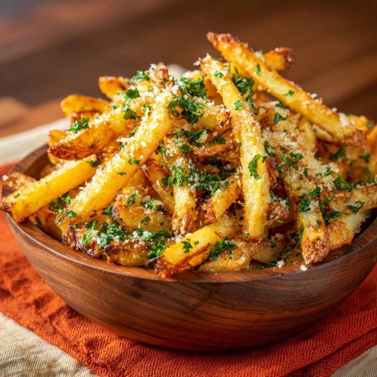 Knusprige Parmesan-Petersilie-Pommes garniert mit frischer Petersilie und geriebenem Käse in einer Holzschüssel