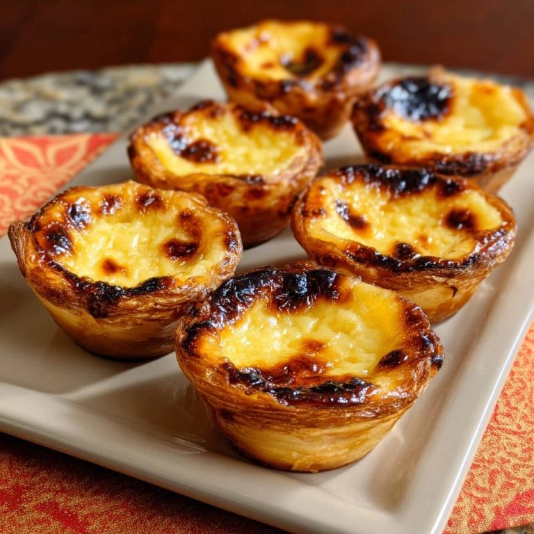Pastéis de Nata, Nahaufnahme der gebackenen Oberfläche und des geschichteten Blätterteigs auf einem Teller