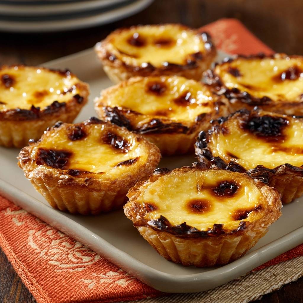 Pastéis de Nata, eine Nahaufnahme von mehreren frisch gebackenen portugiesischen Blätterteig-Eierpuddingtörtchen auf einem Teller.