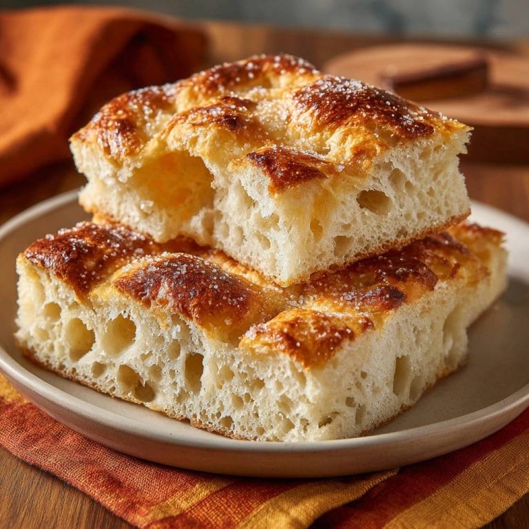 Perfekte Focaccia mit einer Ansicht des luftigen Inneren und feinen Zuckerkristallen auf der Kruste.