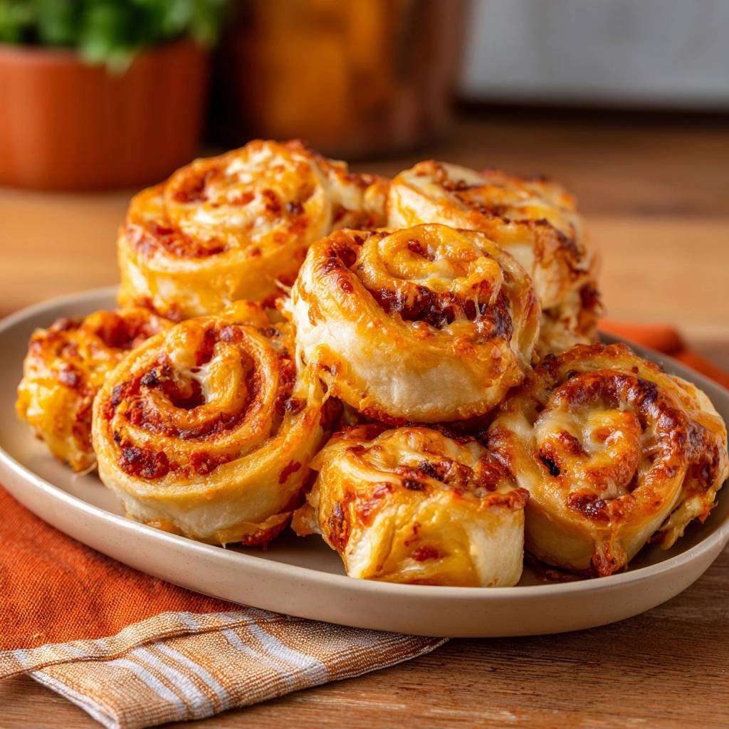 Pizza-Schnecken auf einem Teller, Nahaufnahme der goldbraunen, gebackenen Teigrollen mit geschmolzenem Käse und Tomatensoße.