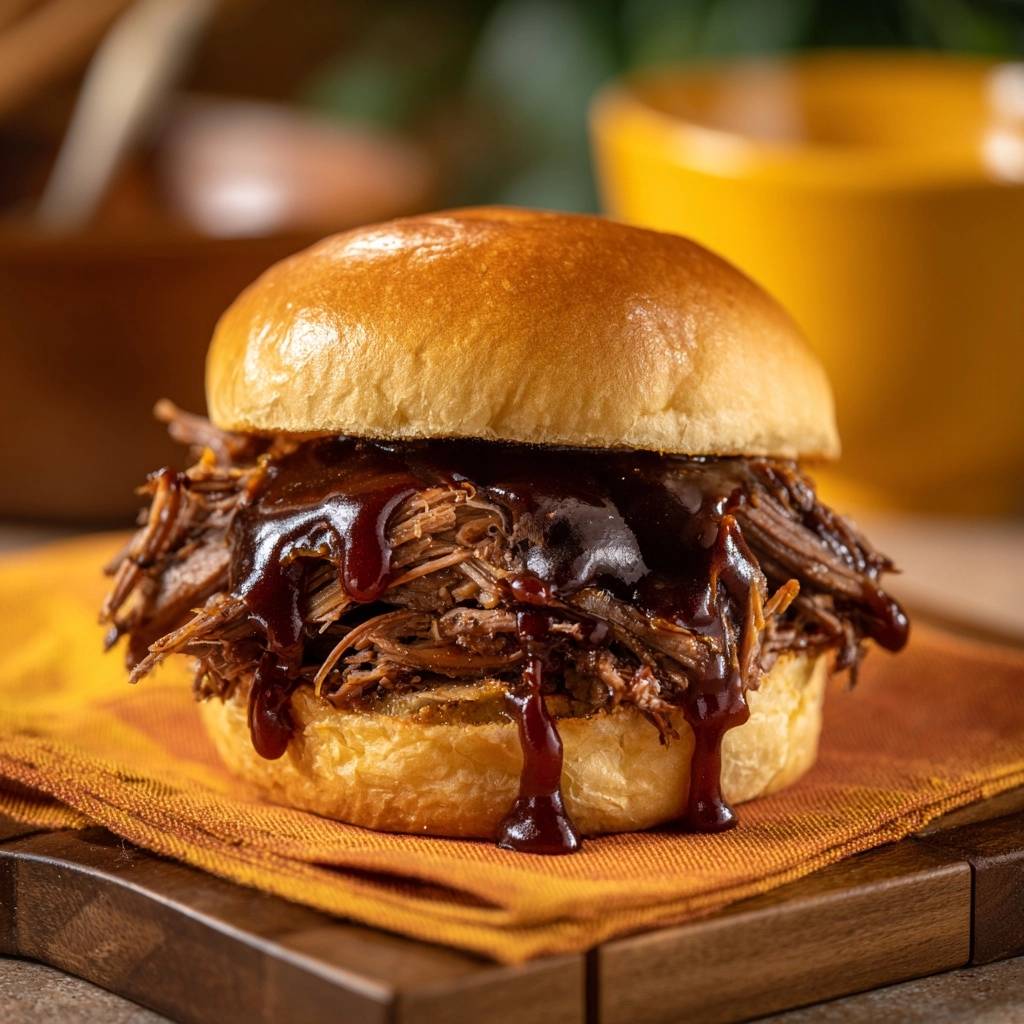 Pulled Beef Burger mit reichlich dunkler Sauce, die von den Fleischfasern tropft, nahaufnahme