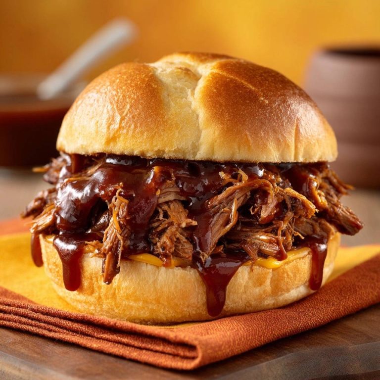 Pulled Beef Burger, eine Nahaufnahme mit reichlich BBQ-Sauce, die über das Fleisch und die Brötchen fließt.