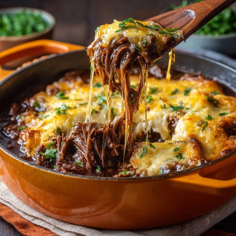 Saftiges Pulled-Rindfleisch-Gratin, eine heiße Portion mit geschmolzenem Käse wird mit einem Holzlöffel aus der Pfanne gehoben.