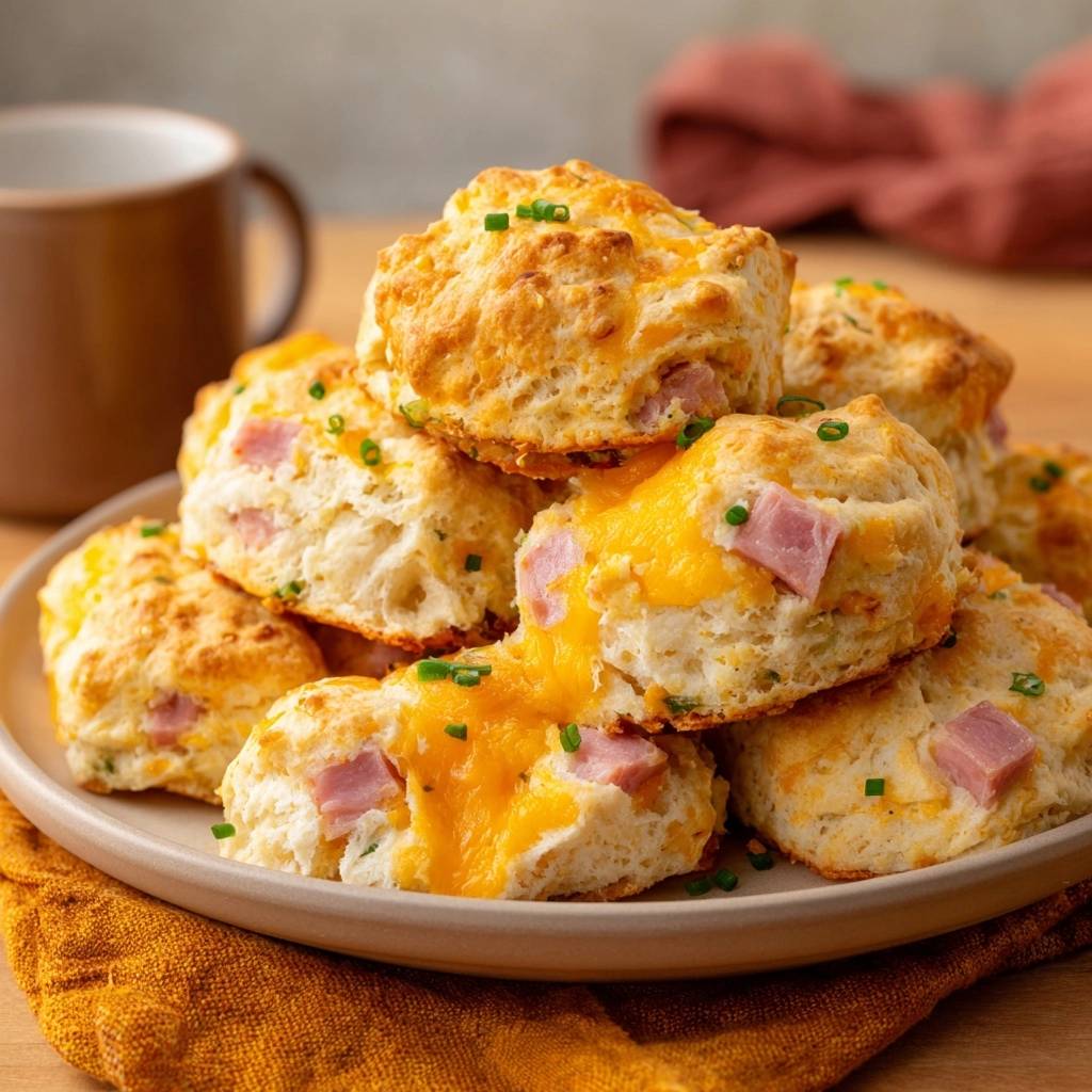 Fluffige Pute-Käse-Scones, gestapelt auf einem Teller, mit geschmolzenem Käse und frischem Schnittlauch garniert.