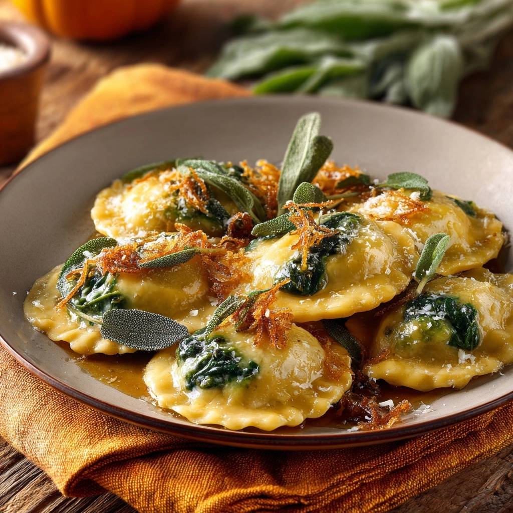 Ravioli in Salbeibutter mit Knusper-Topping, appetitlich auf einem Teller mit frischen Salbeiblättern und geriebenem Parmesan garniert.