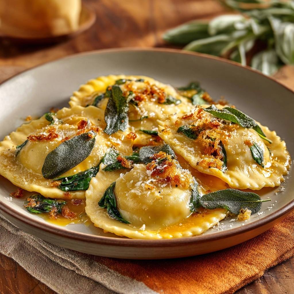Ravioli in Salbeibutter mit Knusper-Topping, serviert auf einem Teller mit frischen Salbeiblättern und geriebenem Käse.