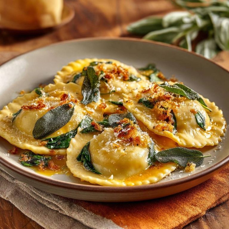 Ravioli in Salbeibutter mit Knusper-Topping, eine Nahaufnahme auf einem Teller, garniert mit frischen Salbeiblättern und geriebenem Käse.