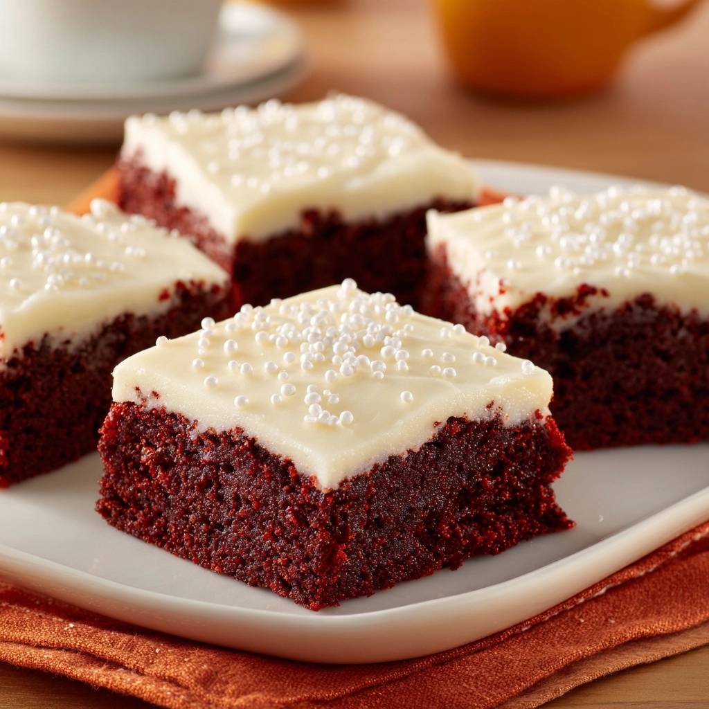 Red Velvet Kuchenstücke mit weißer Glasur und weißen Zuckerstreuseln, serviert auf einem Teller.
