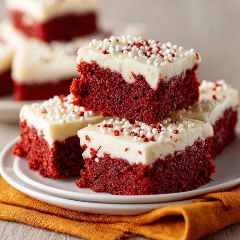 Red Velvet Kuchenstücke saftig und fluffig, gestapelt auf einem Teller mit weißer Glasur und Streuseln, Nahaufnahme.
