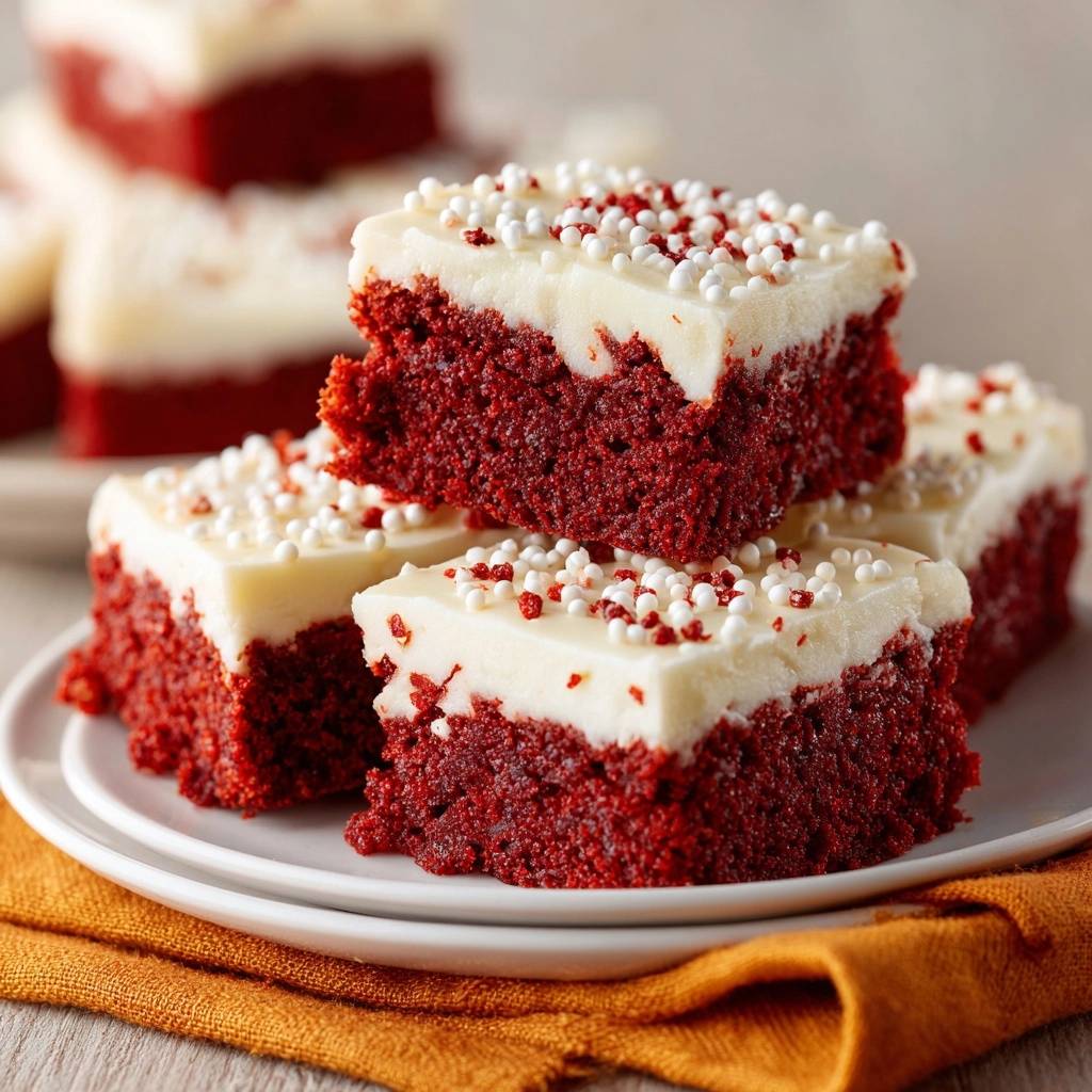 Red Velvet Kuchenstücke saftig und fluffig, gestapelt auf einem Teller mit weißer Glasur und Streuseln, Nahaufnahme.