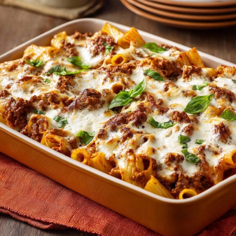 Herzhafter Rigatoni-Auflauf mit geschmolzenem Käse und Hackfleisch in einer Auflaufform, mit Basilikum garniert, Nahaufnahme.