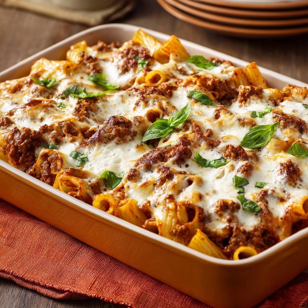 Herzhafter Rigatoni-Auflauf mit geschmolzenem Käse und Hackfleisch in einer Auflaufform, mit Basilikum garniert, Nahaufnahme.