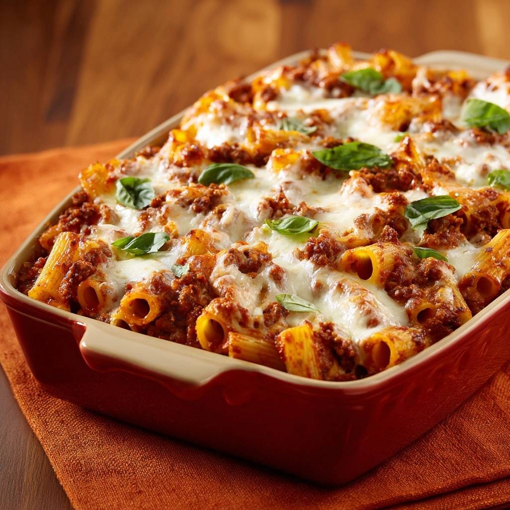 Herzhafter Rigatoni-Auflauf mit geschmolzenem Käse und frischem Basilikum, nahaufnahme im Auflaufform.