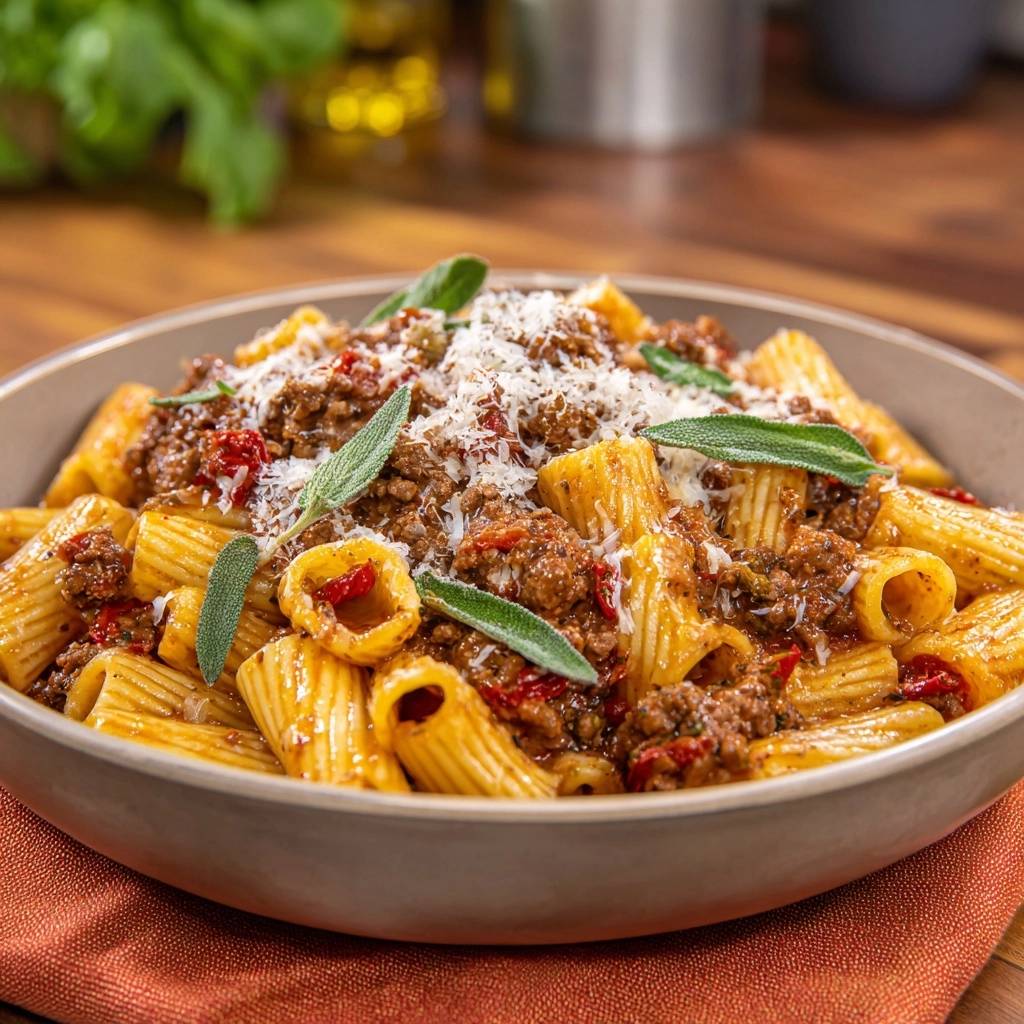 Rigatoni mit Hack-Tomaten-Ragù und Salbei, eine Nahaufnahme des reichhaltigen Gerichts mit zerriebenem Käse und frischen Kräutern.