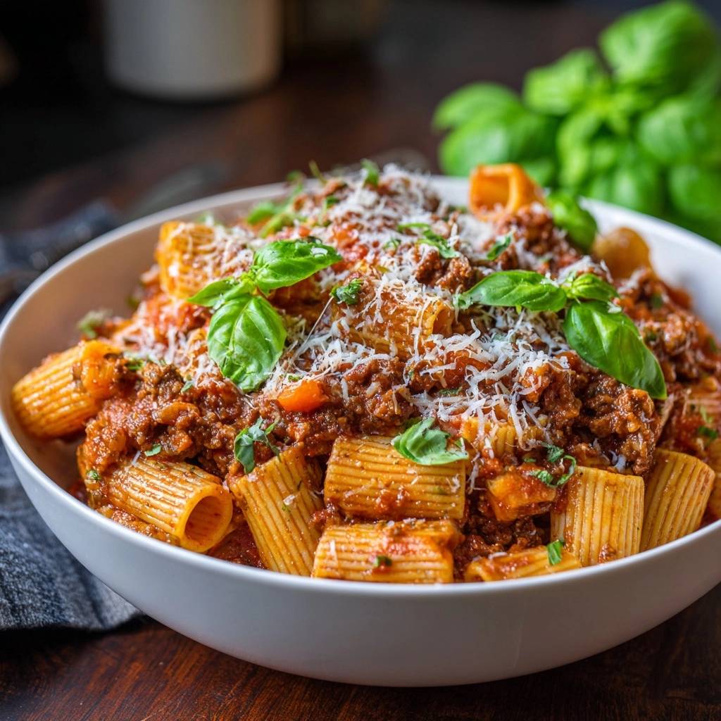 Rigatoni mit fleischiger Ragù-Sauce als Nahaufnahme mit frisch geriebenem Parmesan und Basilikum garniert.