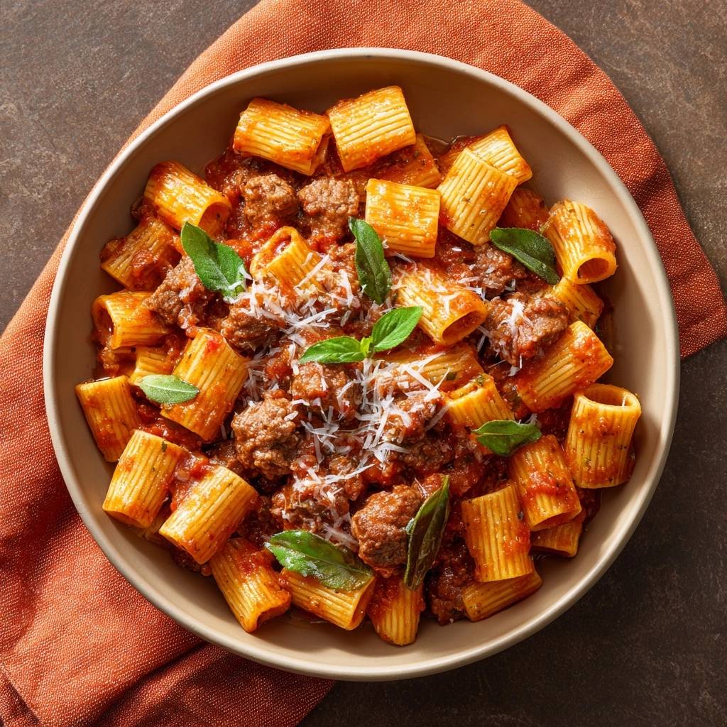 Rigatoni mit saftigen Hackbällchen, serviert in einer Schüssel mit Tomatensauce und Basilikum, von oben gesehen.