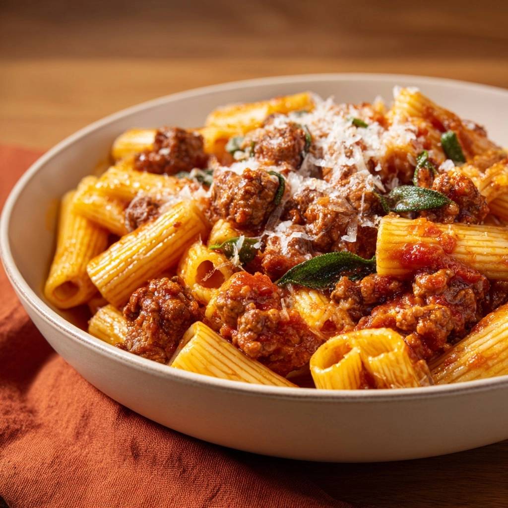 Rigatoni mit saftigen Hackbällchen in einer Schüssel, Nahaufnahme mit Parmesan und Kräutern garniert.