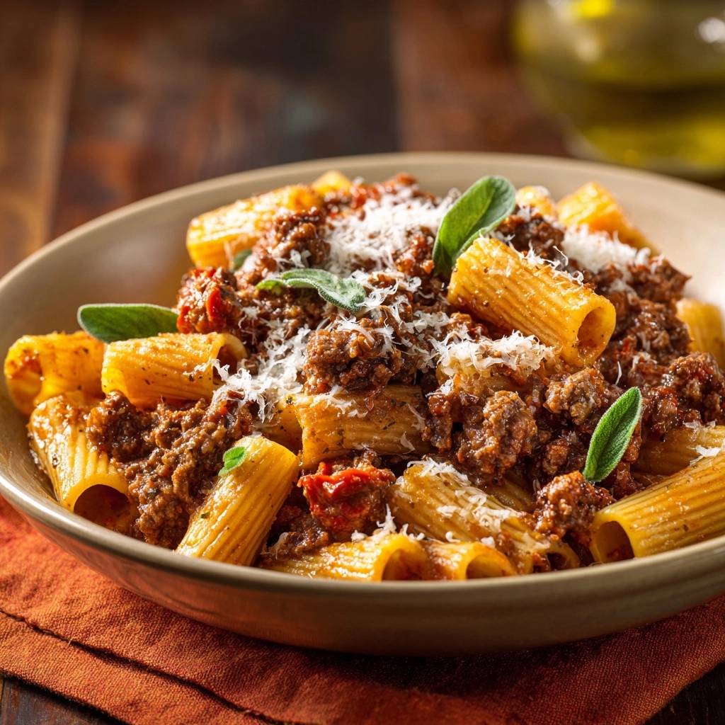 Rigatoni mit Hack-Tomaten-Ragù und Salbei, eine Nahaufnahme des Nudelgerichts mit frisch geriebenem Parmesan und grünen Salbeiblättern garniert.