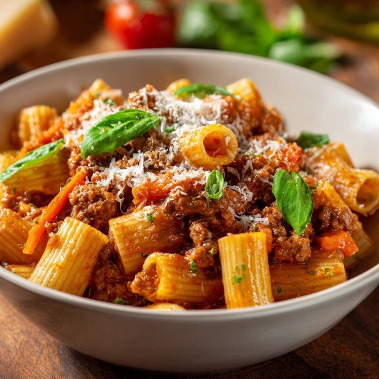 Rigatoni mit fleischiger Ragù-Sauce, garniert mit frischem Basilikum und geriebenem Käse, in einer Schüssel serviert.