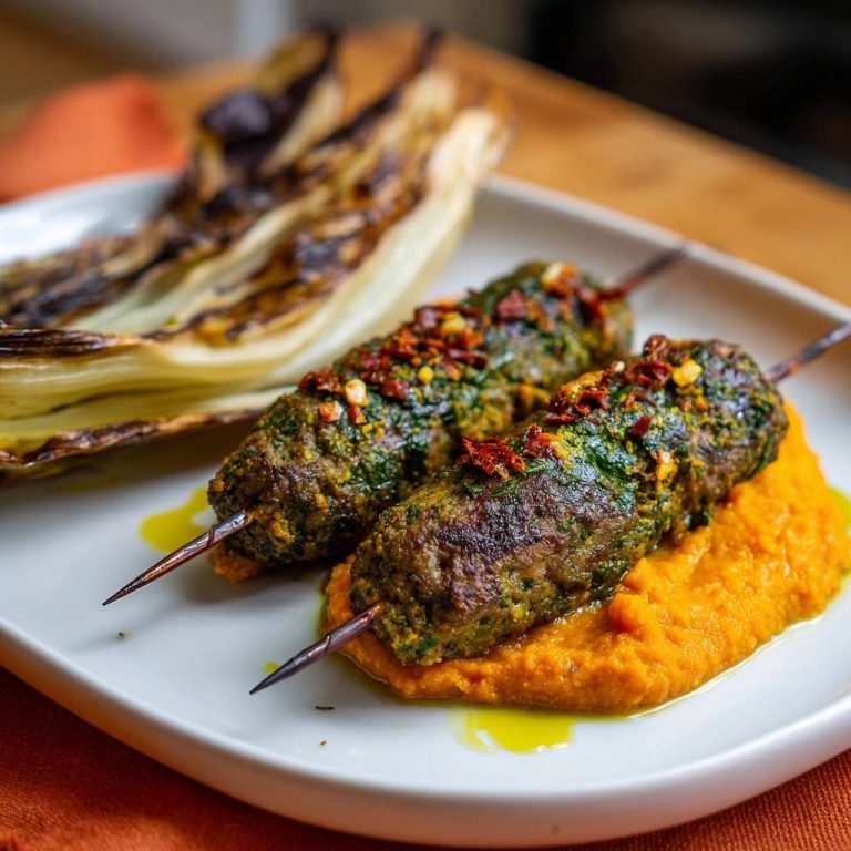 Würzige Rinder-Kofte auf Kürbispüree, auf einem Spieß serviert und mit Kräutern und getrockneten Chilis garniert.