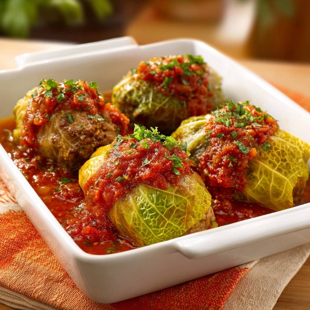Saftige Rinder-Kohlrouladen in einer weißen Auflaufform mit Tomatensauce und Petersilie garniert