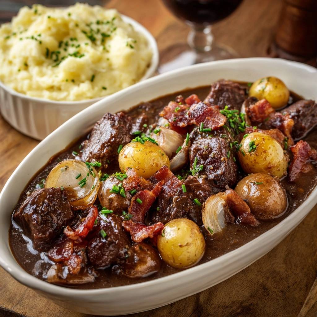 Herzhaftes Rindergulasch mit Speck und Perlzwiebeln, nah aufgenommen mit Kartoffelpüree im Hintergrund.