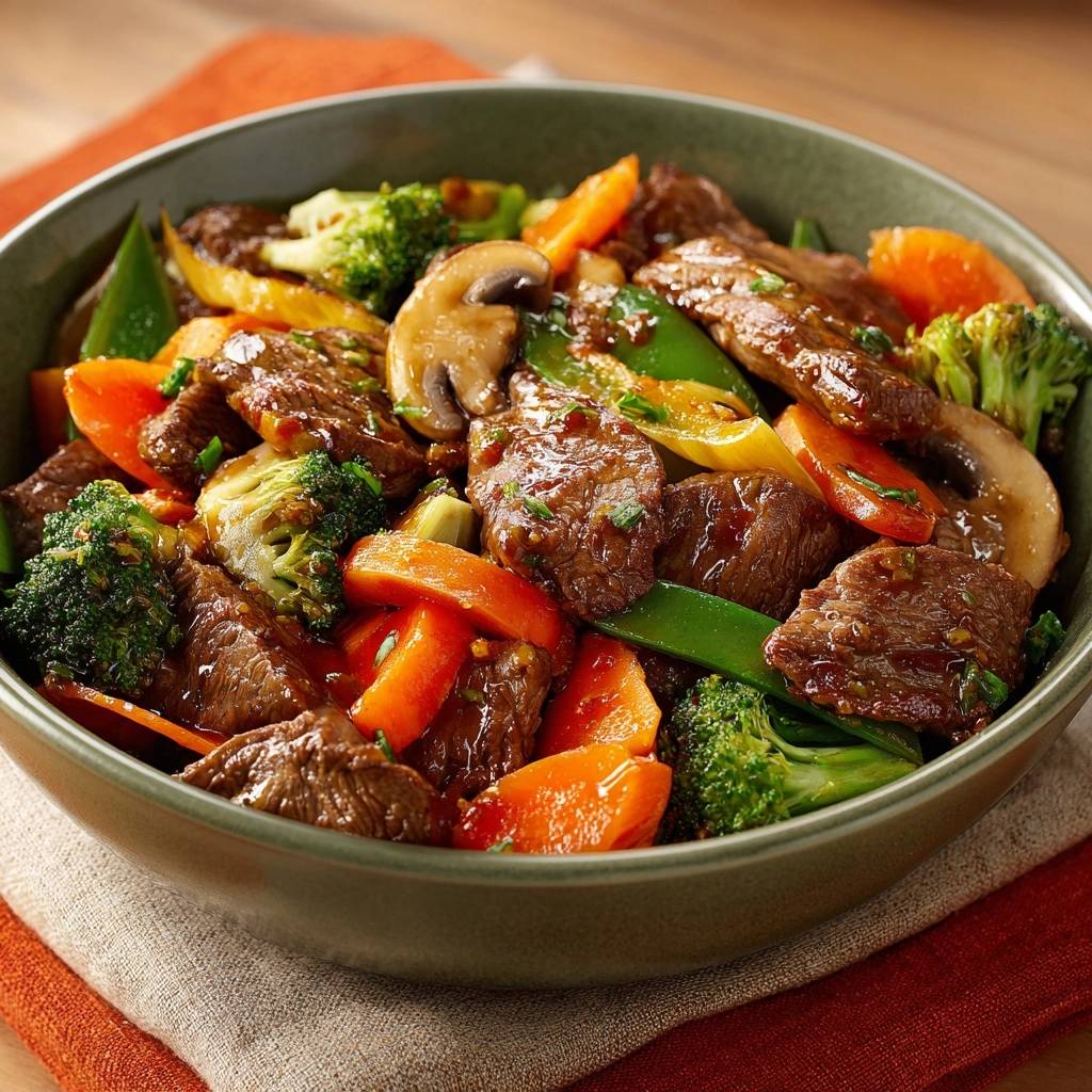 Saftiges Rindfleisch-Gemüse-Wok in einer Schüssel mit nahaufnahme der Zutaten wie Brokkoli, Karotten und Pilzen.