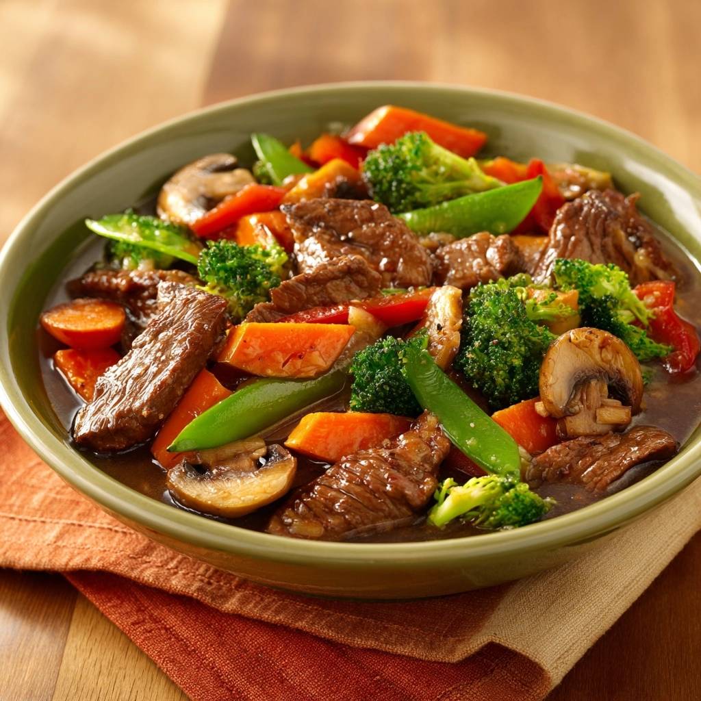 Saftiges Rindfleisch-Gemüse-Wok in einer grünen Schüssel, Nahaufnahme der Zutaten wie Brokkoli, Karotten und Pilze.