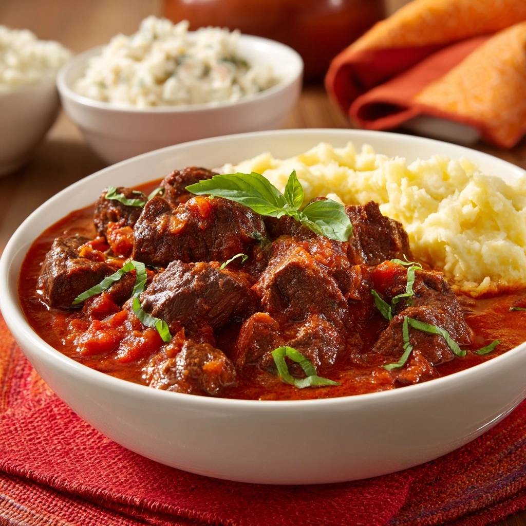 Saftiges Rindfleisch-Tomatengulasch mit Kartoffelpüree, nahaufnahme der fleischstücke und der tomatensauce mit basilikum garniert.