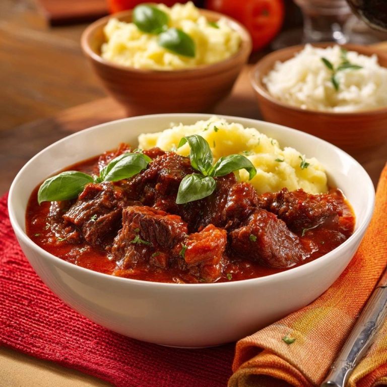 Saftiges Rindfleisch-Tomatengulasch mit Kartoffelpüree, serviert in einer weißen Schüssel mit frischem Basilikum garniert.