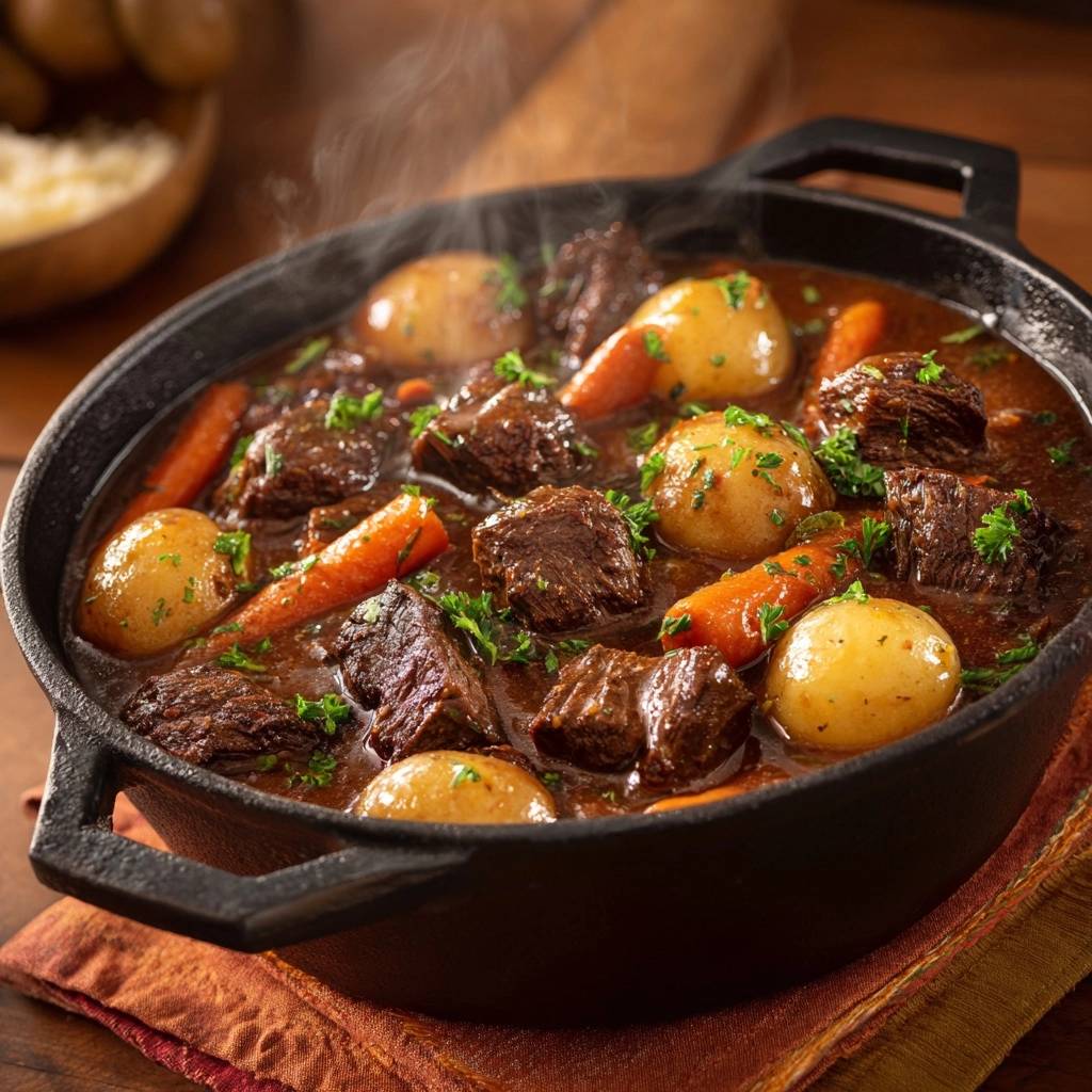 Rustikales Rindfleischgulasch dampfend heiss in einem schwarzen Gusseisentopf mit Kartoffeln und Karotten, garniert mit Petersilie.