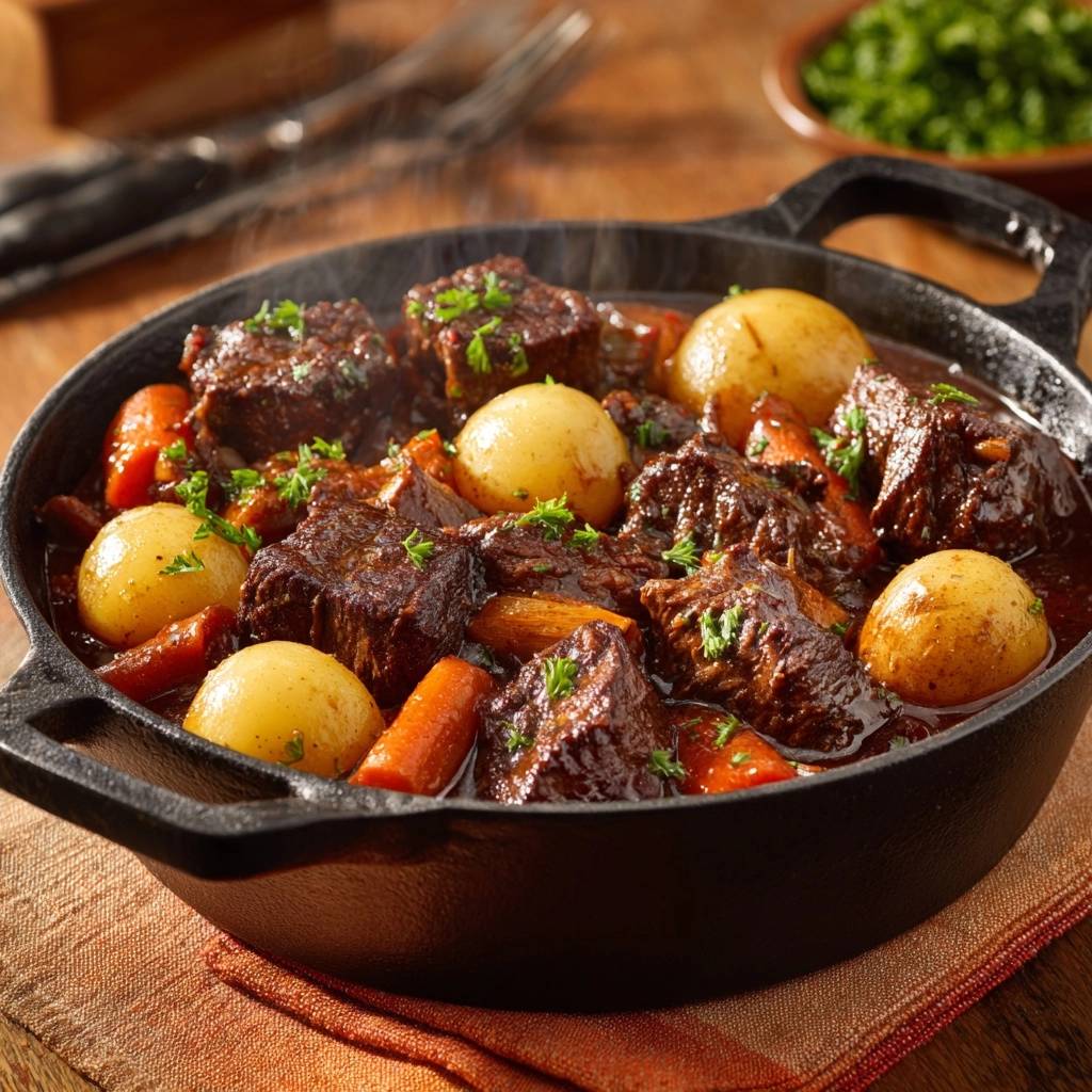 Rustikales Rindfleischgulasch in einer heißen Gusseisenpfanne mit dampfenden Kartoffeln und Karotten, garniert mit Petersilie.