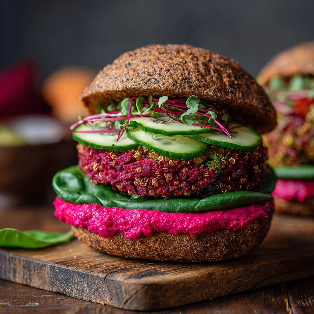 Rote-Bete-Quinoa-Burger mit Gurkenscheiben und Sprossen, nahaufnahme garniert mit pinker Creme