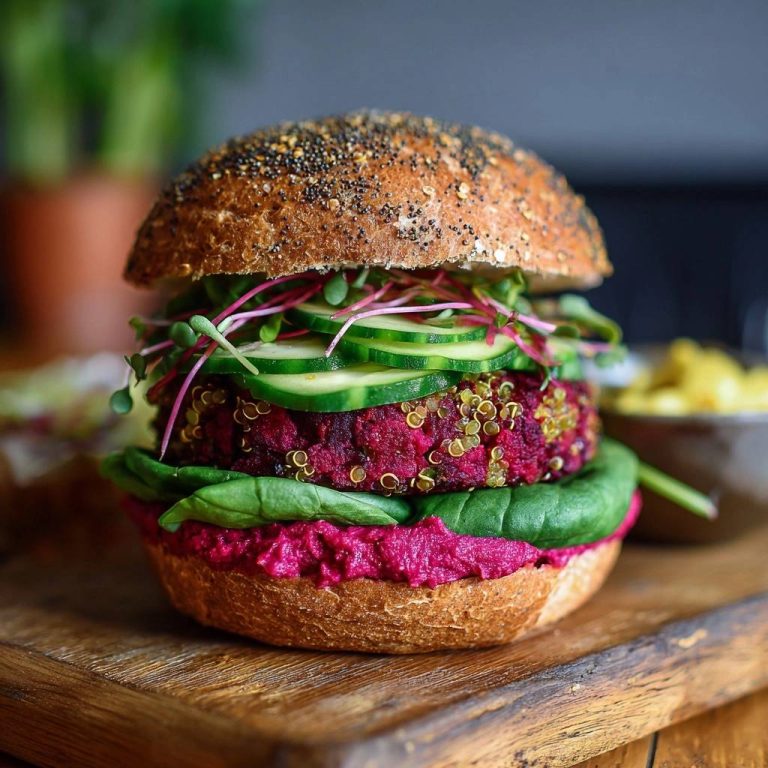 Rote-Bete-Quinoa-Burger als Nahaufnahme mit Gurkenscheiben, Sprossen und einem saftigen Patty auf einem Holzbrett.