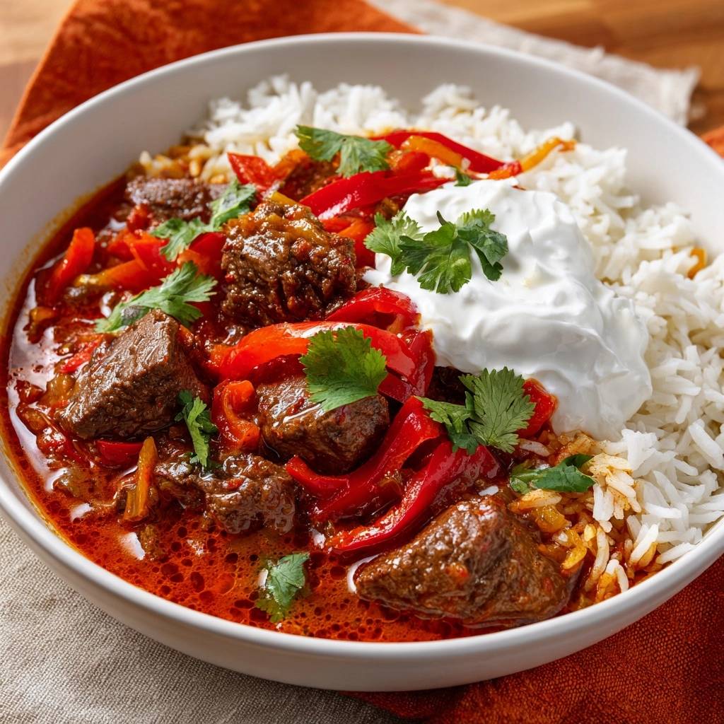 Rotes Rindfleisch-Curry mit Paprika und Joghurt-Reis, serviert in einer Schüssel mit einem Klecks Joghurt und frischer Garnitur.