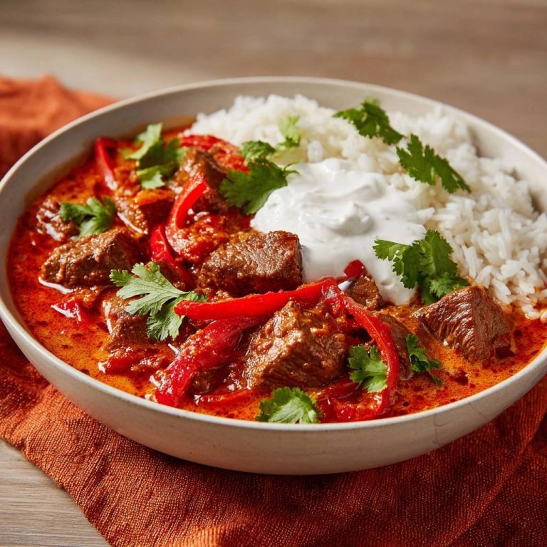 Rotes Rindfleisch-Curry mit Paprika und Joghurt-Reis, eine Nahaufnahme mit Reis und Joghurt-Klecks, garniert mit Koriander