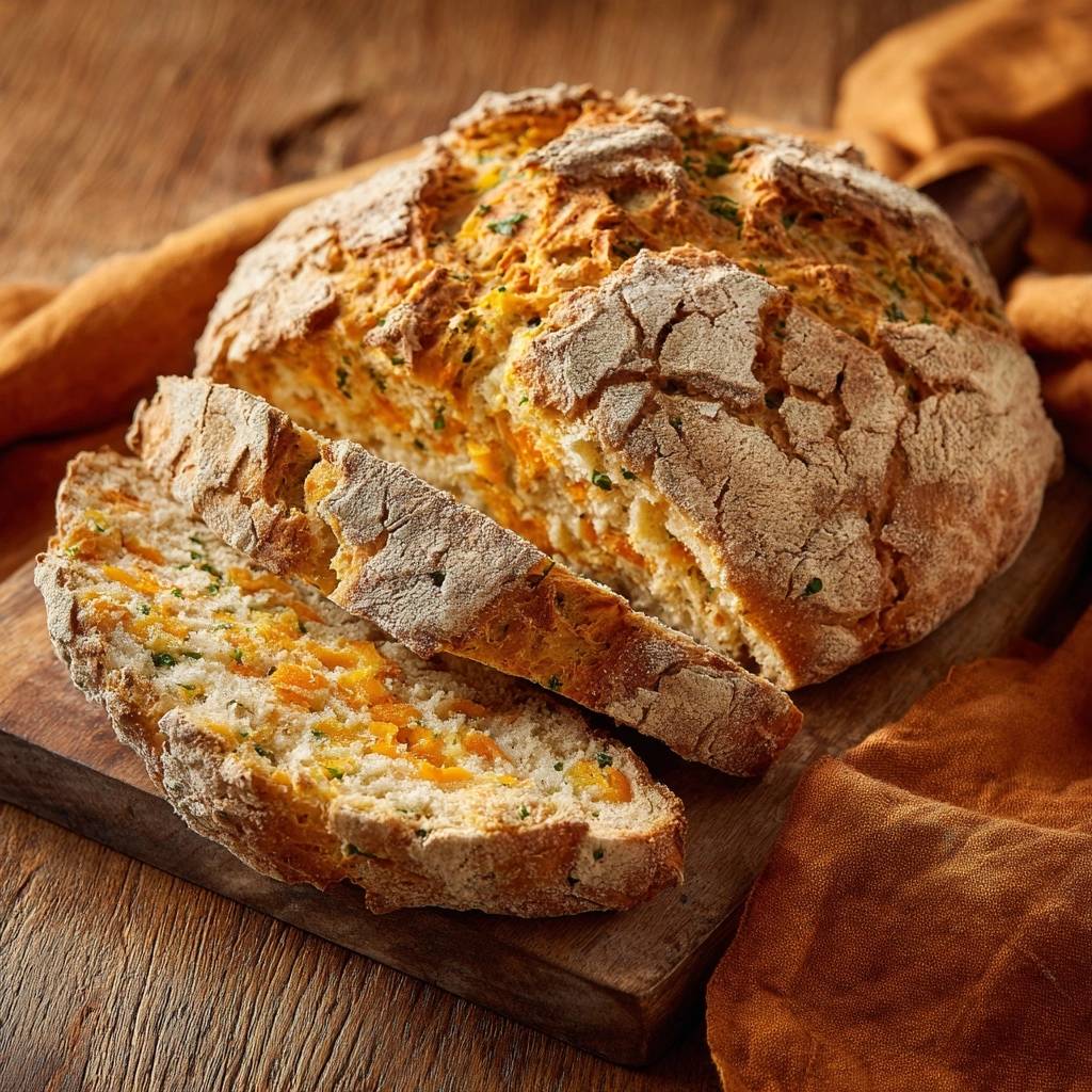 Rustikales Karotten-Petersilien-Soda-Brot angeschnitten, mit einem Blick auf die orangefarbene Karotten- und grüne Petersilien-Mischung im Inneren.