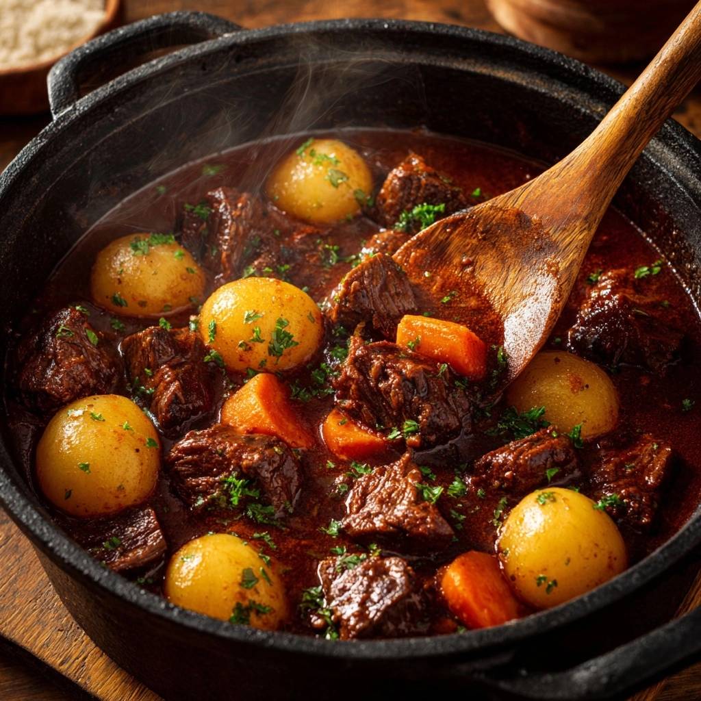 Rustikales Rindergulasch mit Kartoffeln, das in einem gusseisernen Topf mit einem Holzkochlöffel serviert wird.