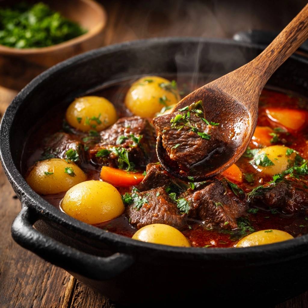 Rustikales Rindergulasch mit Kartoffeln wird mit einem Holzkochlöffel aus einem gusseisernen Topf geschöpft.
