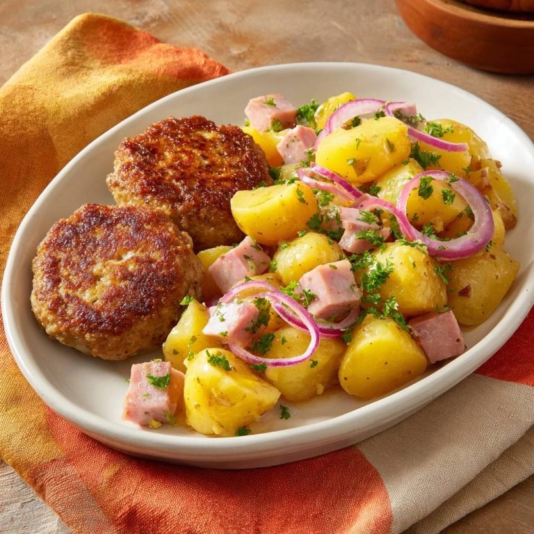 Saftige Frikadellen mit rustikalem Kartoffelsalat, serviert auf einem ovalen Teller mit einem bunten Tuch.