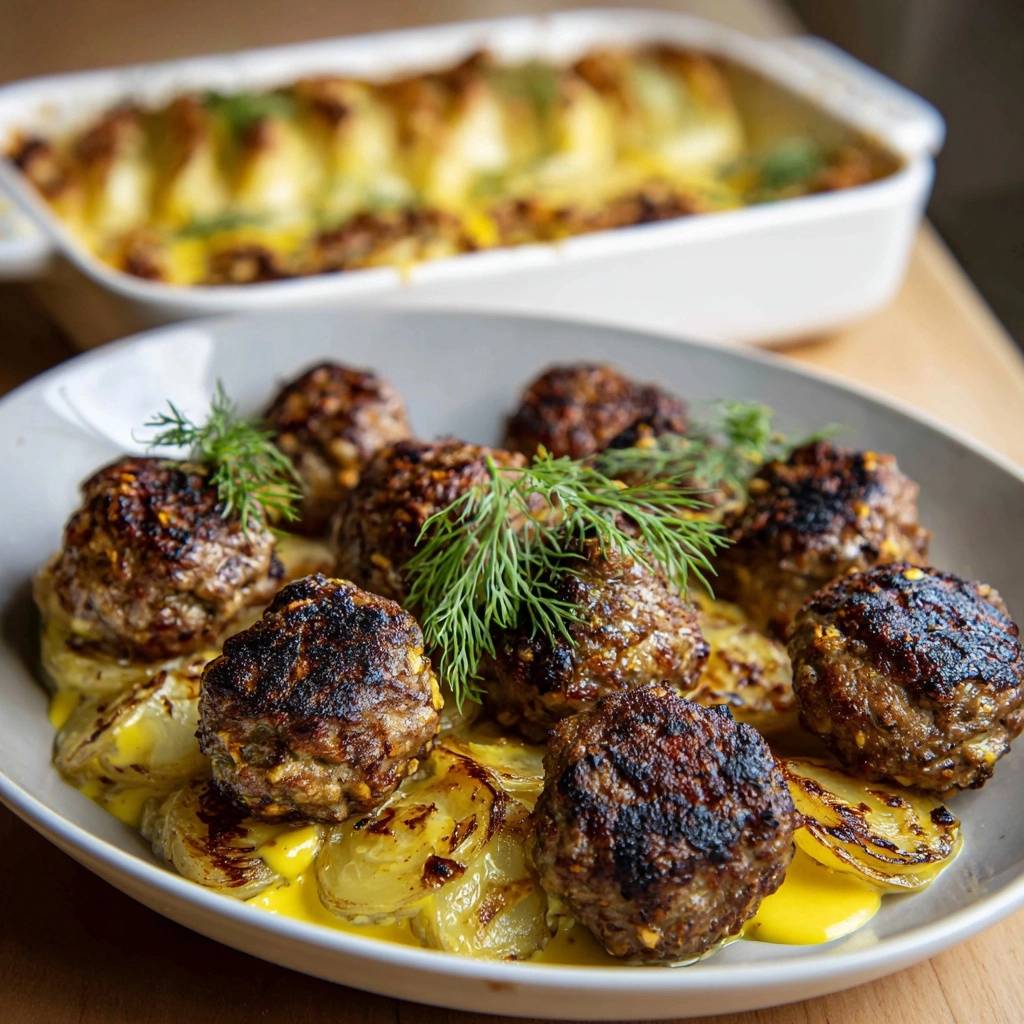 Saftige Grill-Hackbällchen auf cremigem Kartoffelgratin, nahaufnahme der gebratenen Hackbällchen und des Kartoffelgratins.