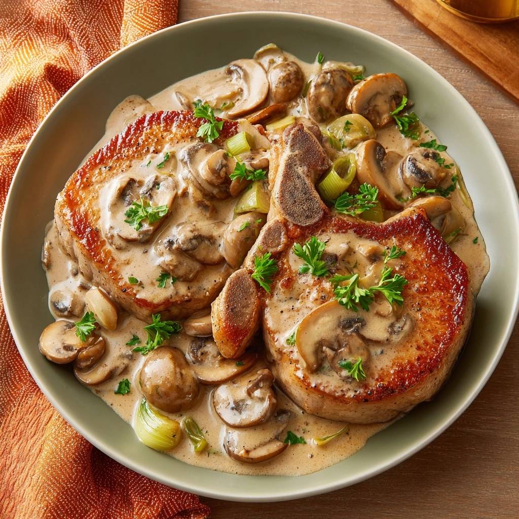 Saftige Hähnchenfilets in cremiger Pilzsoße werden auf einem Teller mit frischer Petersilie und Champignons serviert.