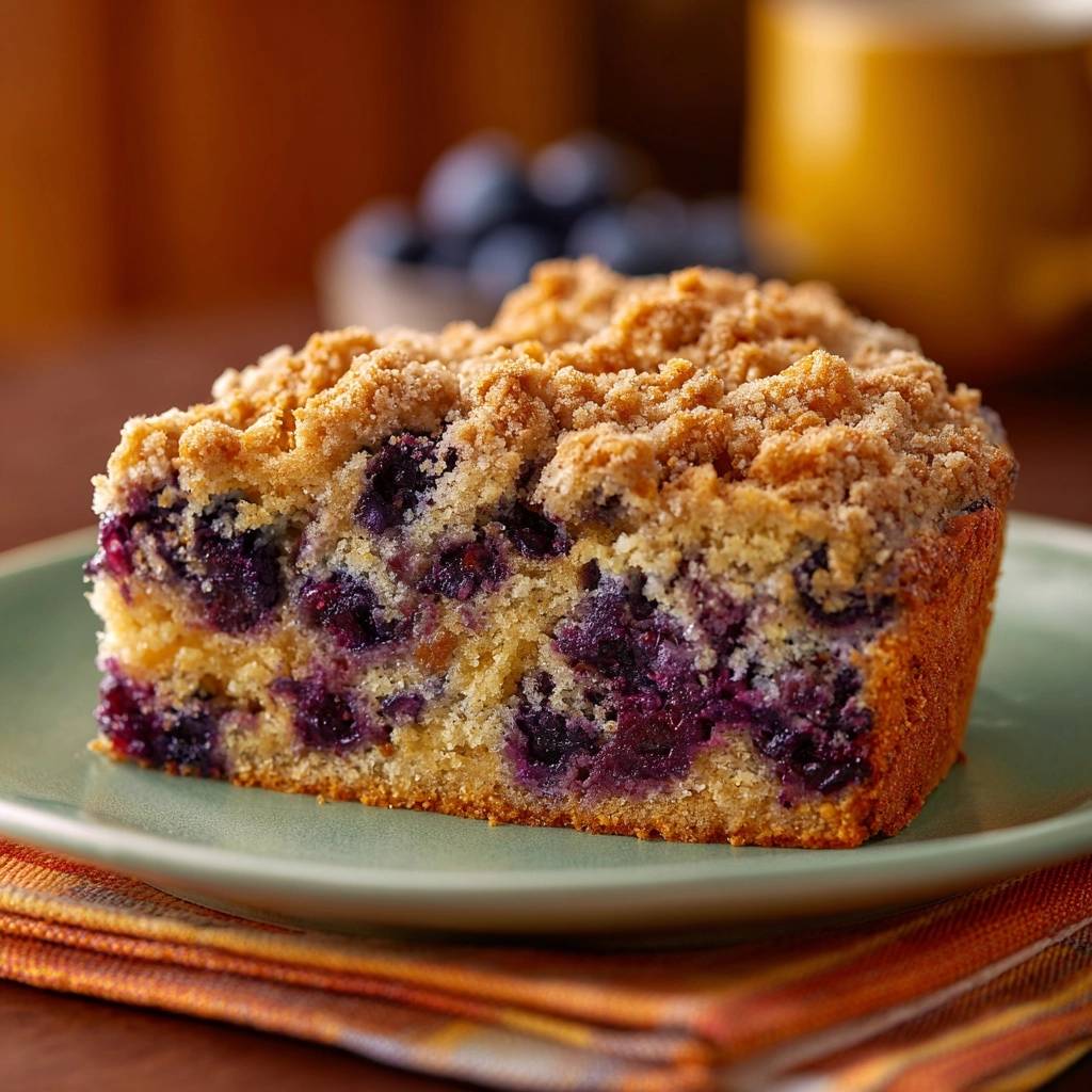 Saftiger Blaubeer-Streuselkuchen mit einem Anschnitt, der die saftigen Blaubeeren und die goldbraunen Streusel zeigt.